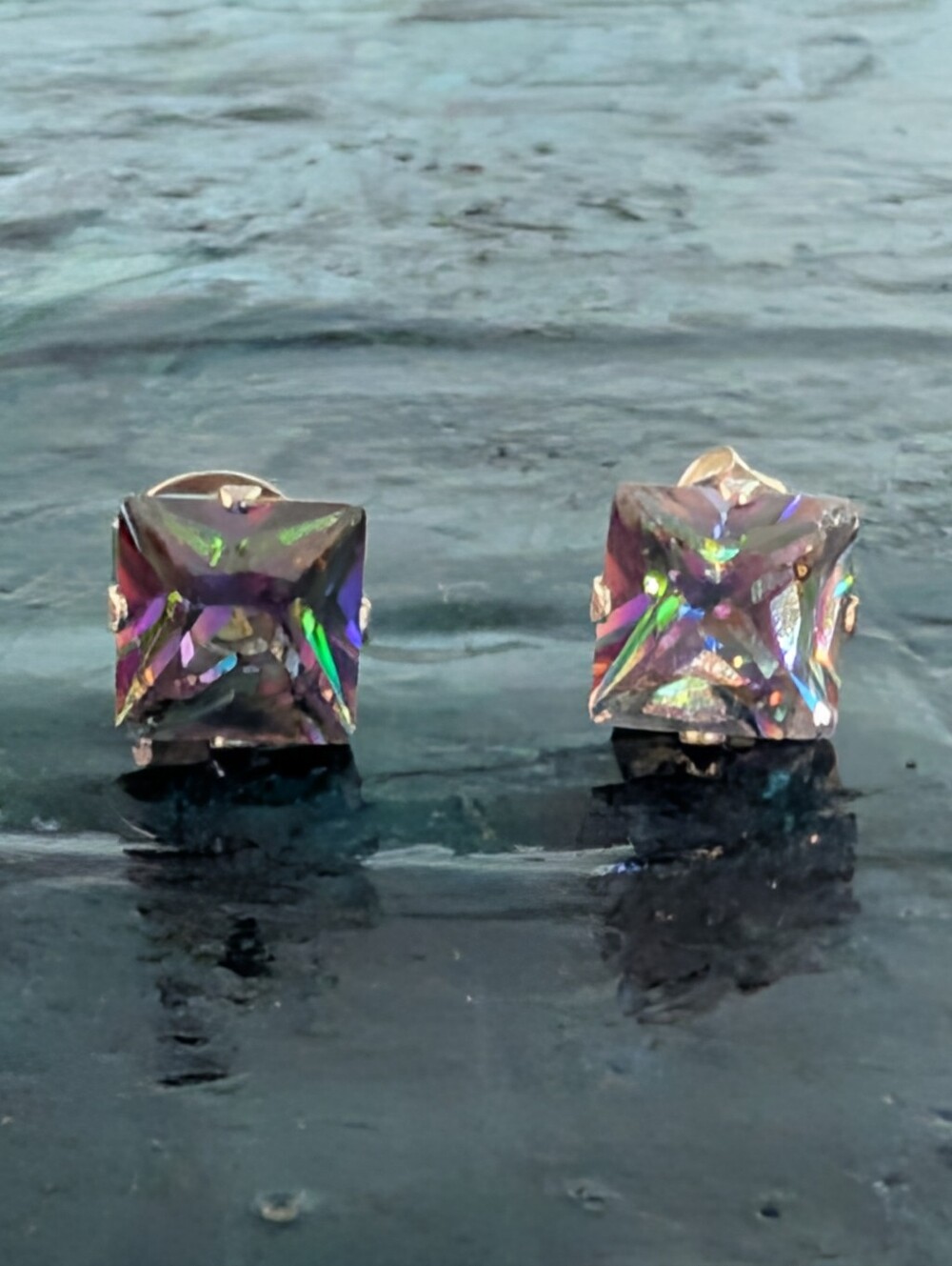 🆕 Simulated Mystic Topaz Earrings Square CZ Stud Sterling Silver